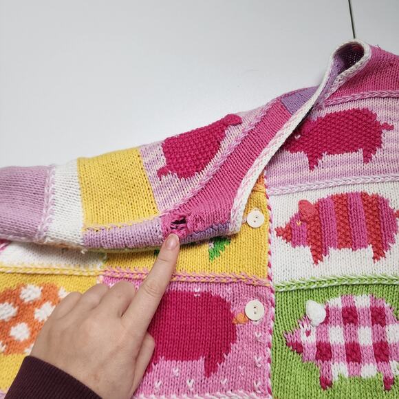 Susan Bristol Womens Vintage Patchwork Pig Knit Cardigan Size Large Pink Farm - Picture 6 of 11